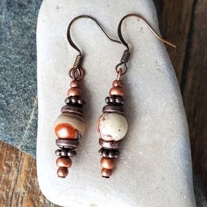 Handmade Drop Earrings in Copper and Picture Jasper